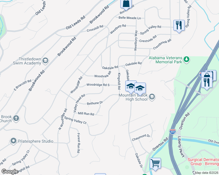 map of restaurants, bars, coffee shops, grocery stores, and more near 3535 Woodridge Road South in Birmingham
