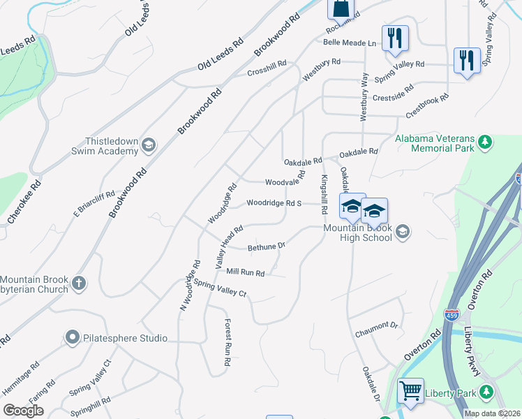 map of restaurants, bars, coffee shops, grocery stores, and more near 3517 Woodridge Road South in Birmingham