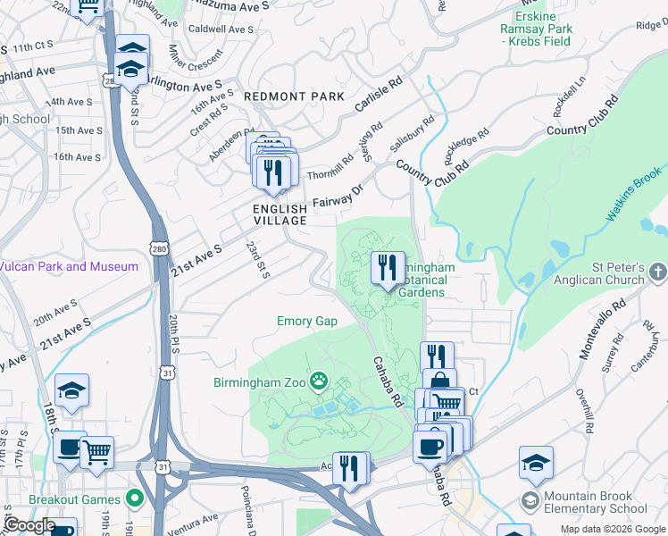 map of restaurants, bars, coffee shops, grocery stores, and more near Service Road in Birmingham