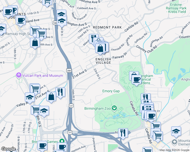 map of restaurants, bars, coffee shops, grocery stores, and more near 2225 English Village Lane in Birmingham