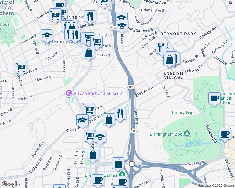map of restaurants, bars, coffee shops, grocery stores, and more near 2050 20th Avenue South in Birmingham