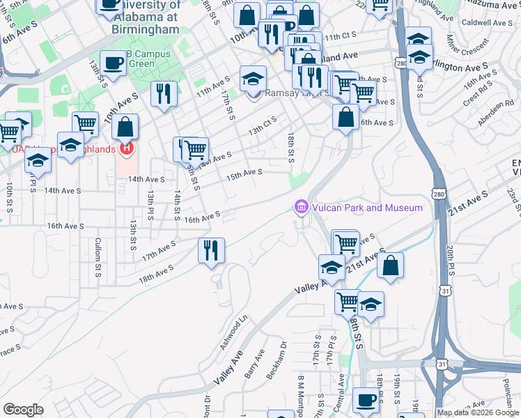 map of restaurants, bars, coffee shops, grocery stores, and more near 1707 16th Avenue South in Birmingham