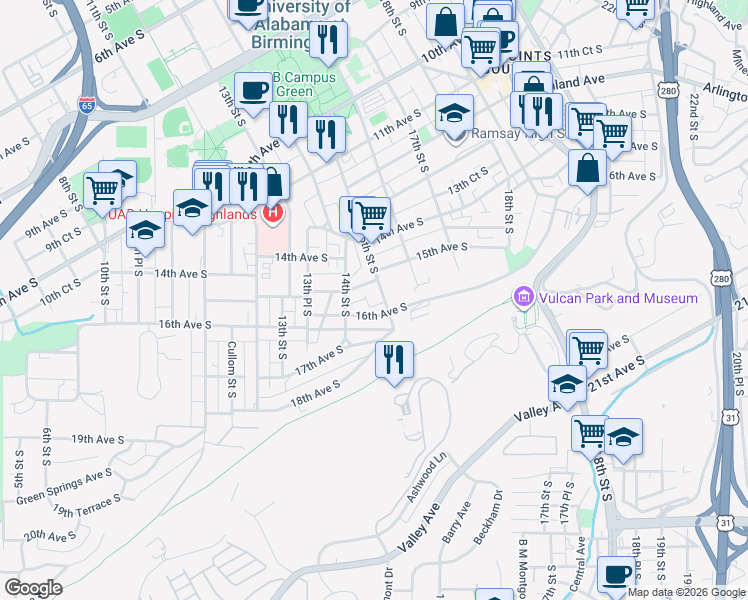 map of restaurants, bars, coffee shops, grocery stores, and more near 1542 15th Street South in Birmingham