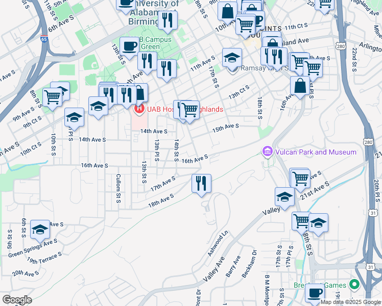 map of restaurants, bars, coffee shops, grocery stores, and more near 1542 15th Street South in Birmingham