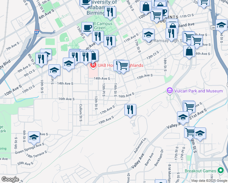 map of restaurants, bars, coffee shops, grocery stores, and more near 1510 14th Street South in Birmingham