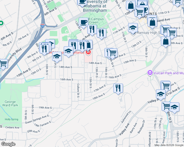 map of restaurants, bars, coffee shops, grocery stores, and more near 1500 13th Place South in Birmingham