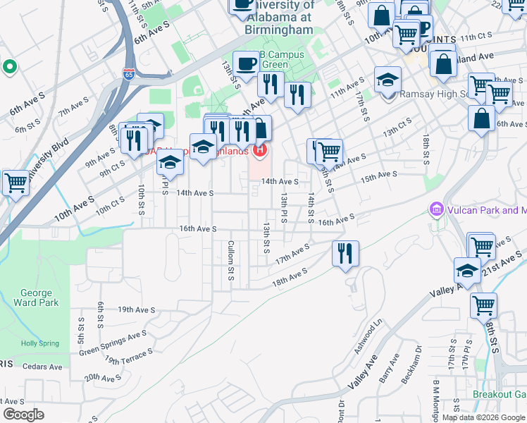 map of restaurants, bars, coffee shops, grocery stores, and more near 1215 15th Avenue South in Birmingham