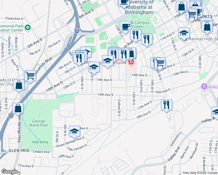 map of restaurants, bars, coffee shops, grocery stores, and more near 1428 11th Place South in Birmingham