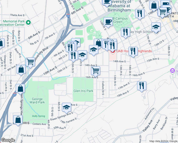map of restaurants, bars, coffee shops, grocery stores, and more near 1420 11th Street South in Birmingham