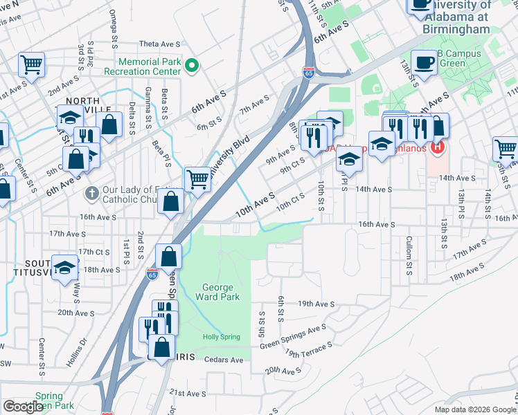 map of restaurants, bars, coffee shops, grocery stores, and more near 512 10th Court South in Birmingham