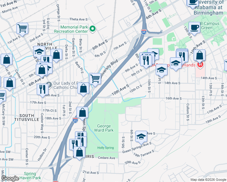 map of restaurants, bars, coffee shops, grocery stores, and more near 420 10th Avenue South in Birmingham