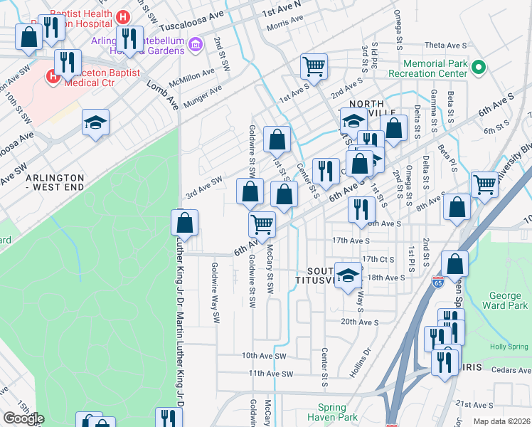 map of restaurants, bars, coffee shops, grocery stores, and more near 165 5th Avenue Southwest in Birmingham