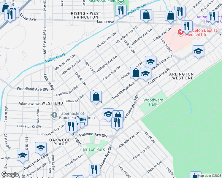 map of restaurants, bars, coffee shops, grocery stores, and more near 1441 Princeton Avenue Southwest in Birmingham