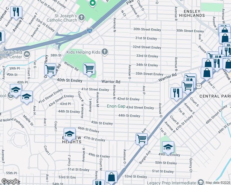 map of restaurants, bars, coffee shops, grocery stores, and more near 1405 41st Street Ensley in Birmingham
