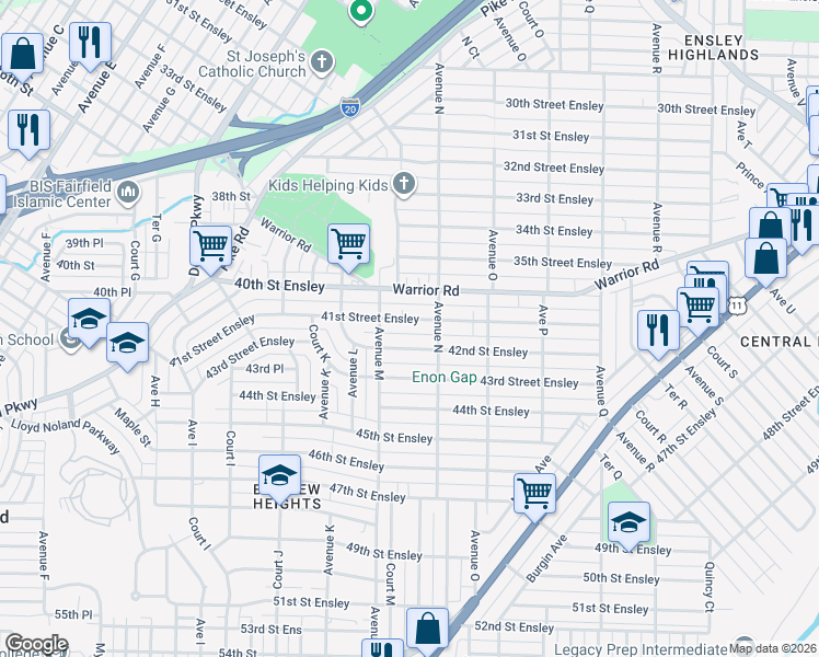 map of restaurants, bars, coffee shops, grocery stores, and more near 1325 41st Street Ensley in Birmingham