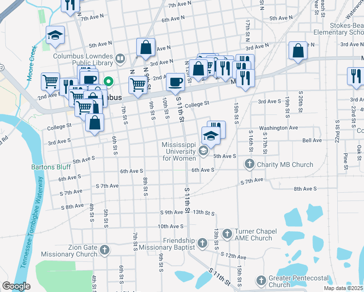 map of restaurants, bars, coffee shops, grocery stores, and more near 416 South 11th Street in Columbus