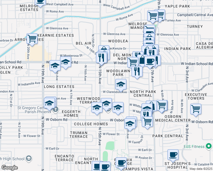 map of restaurants, bars, coffee shops, grocery stores, and more near 1323 West Indianola Avenue in Phoenix