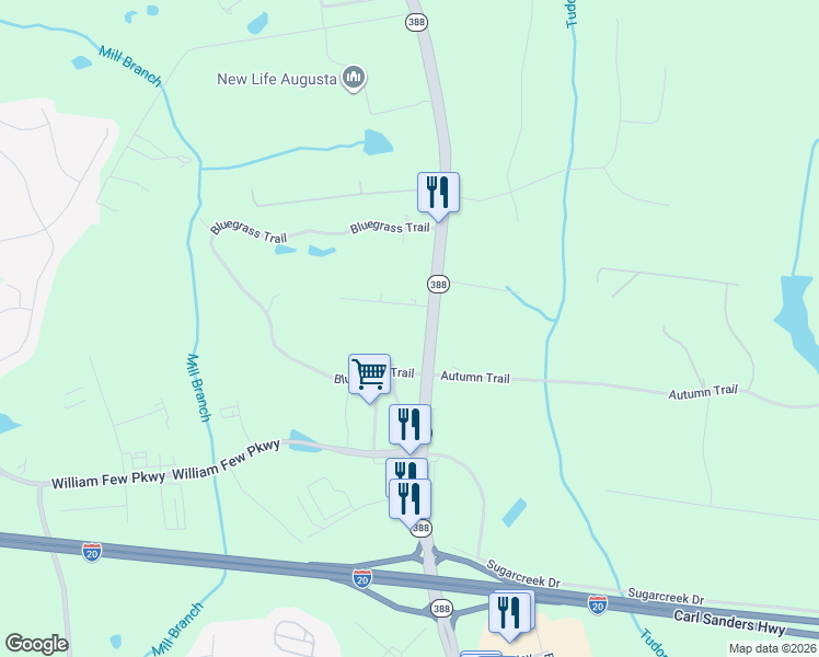map of restaurants, bars, coffee shops, grocery stores, and more near 415 Lewiston Road in Grovetown