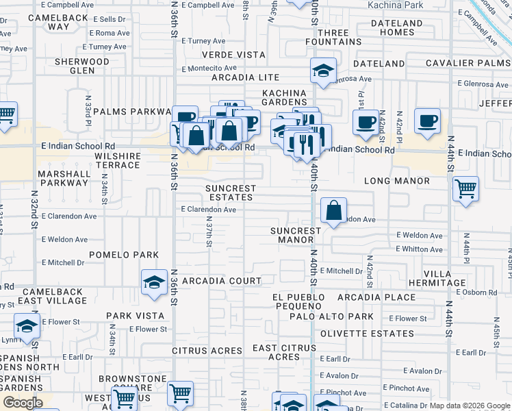 map of restaurants, bars, coffee shops, grocery stores, and more near 3816 East Clarendon Avenue in Phoenix
