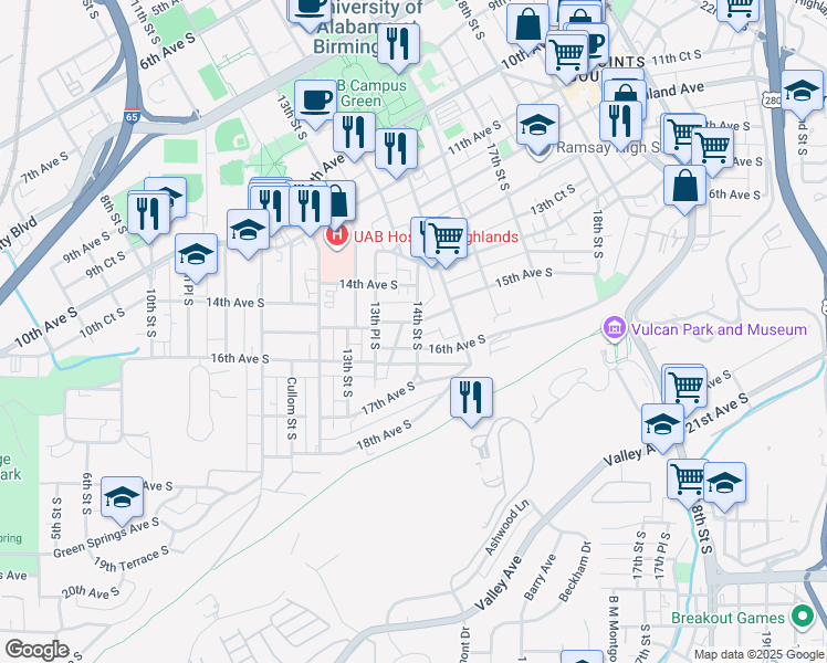 map of restaurants, bars, coffee shops, grocery stores, and more near 1510 14th Street South in Birmingham