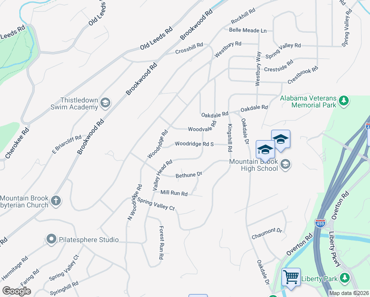 map of restaurants, bars, coffee shops, grocery stores, and more near 3517 Woodridge Road South in Birmingham