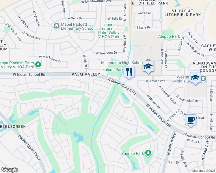 map of restaurants, bars, coffee shops, grocery stores, and more near 3972 North 150th Lane in Goodyear