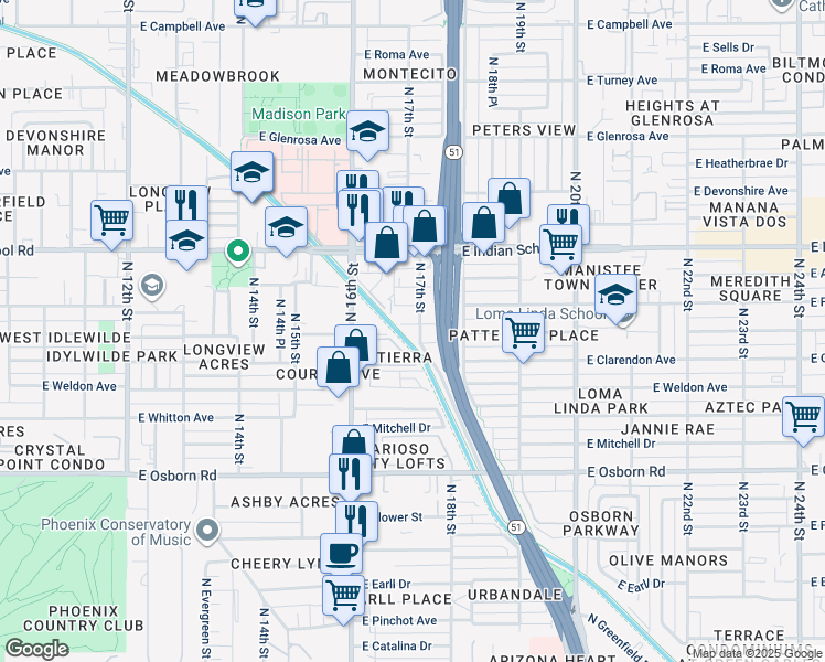 map of restaurants, bars, coffee shops, grocery stores, and more near 1695 East Indianola Avenue in Phoenix