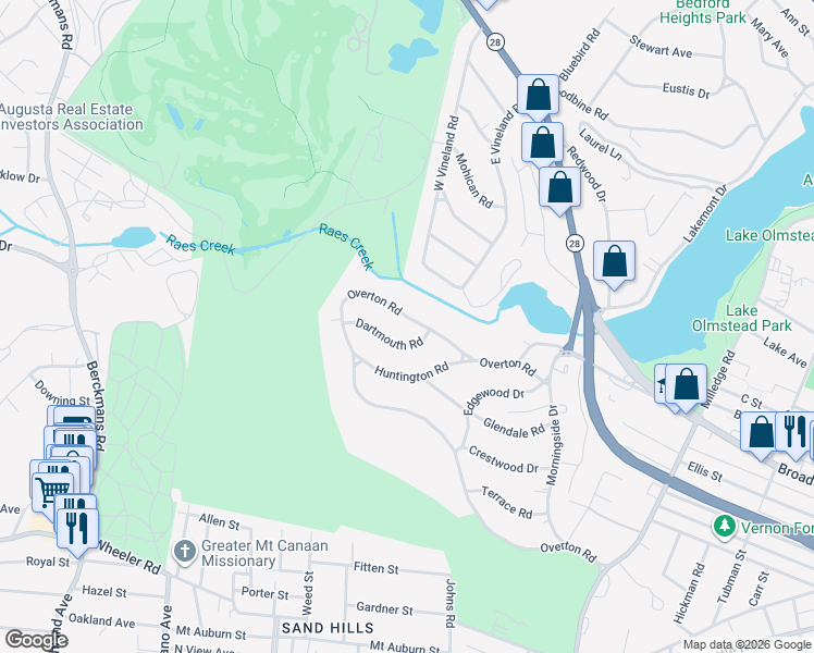 map of restaurants, bars, coffee shops, grocery stores, and more near 2283 Overton Road in Augusta