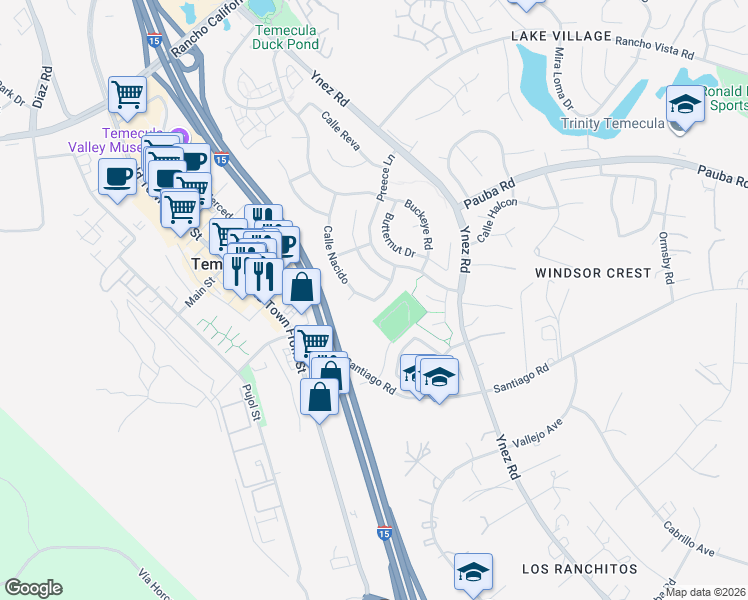 map of restaurants, bars, coffee shops, grocery stores, and more near 45320 Calle Nacido in Temecula