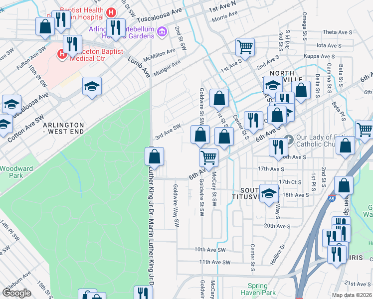 map of restaurants, bars, coffee shops, grocery stores, and more near 409 Goldwire Circle Southwest in Birmingham