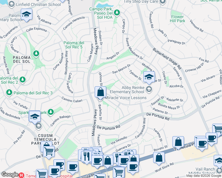 map of restaurants, bars, coffee shops, grocery stores, and more near 32426 Galatina Street in Temecula