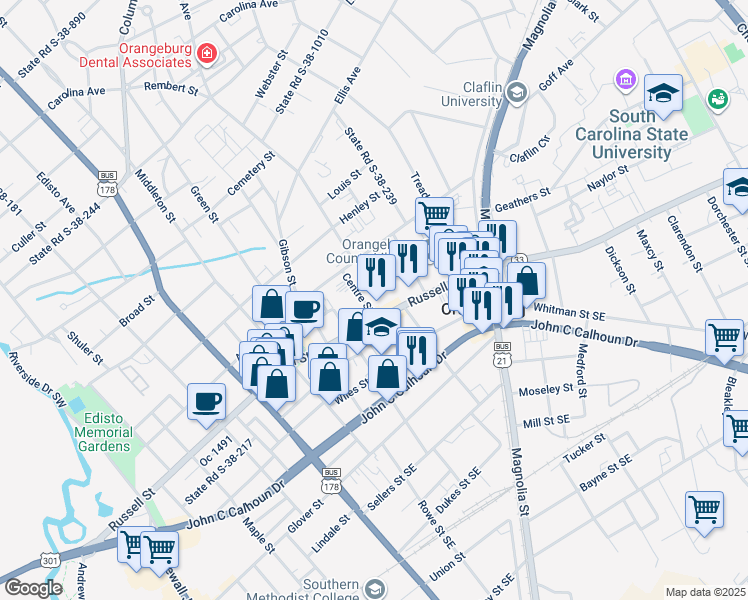 map of restaurants, bars, coffee shops, grocery stores, and more near 130 Centre Street in Orangeburg
