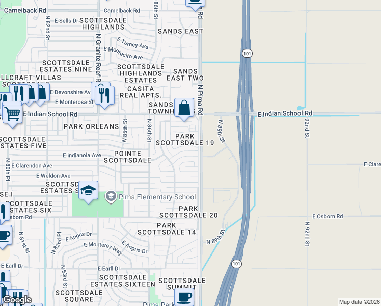 map of restaurants, bars, coffee shops, grocery stores, and more near 8744 East Clarendon Avenue in Scottsdale