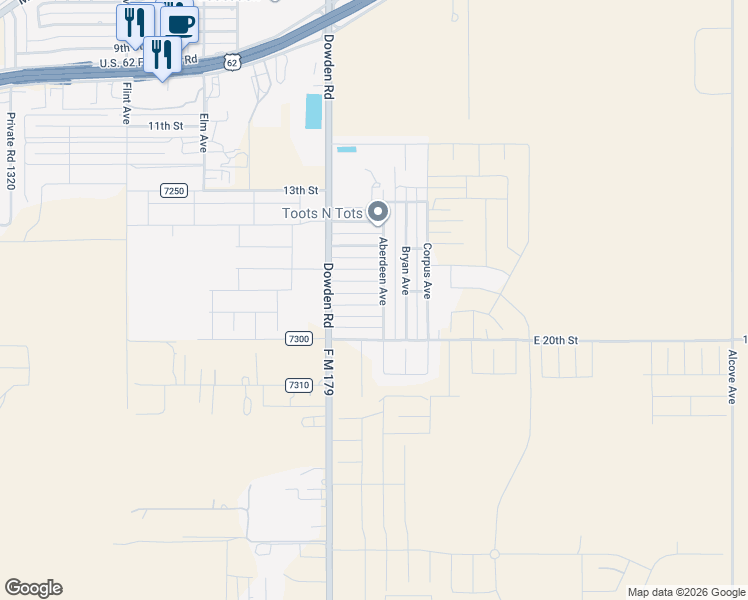 map of restaurants, bars, coffee shops, grocery stores, and more near 301-321 E 18th St in Wolfforth