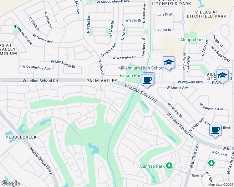 map of restaurants, bars, coffee shops, grocery stores, and more near 15099 West Amelia Drive in Goodyear