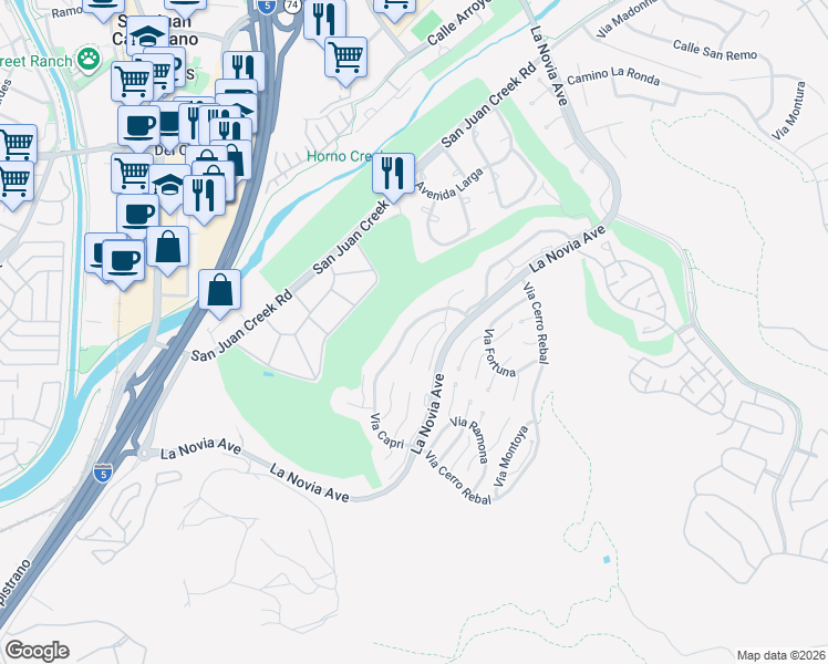 map of restaurants, bars, coffee shops, grocery stores, and more near 27345 Via Capri in San Juan Capistrano