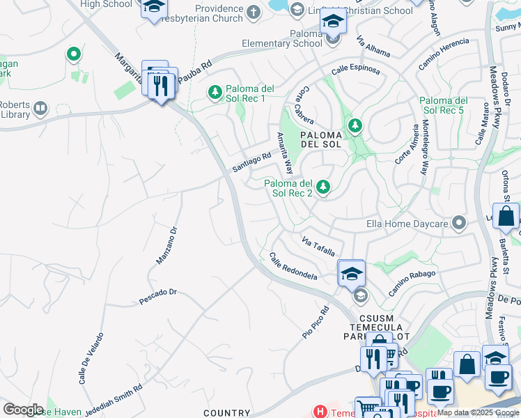 map of restaurants, bars, coffee shops, grocery stores, and more near 31729 Corte Cardenas in Temecula