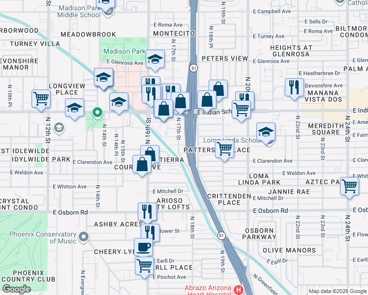 map of restaurants, bars, coffee shops, grocery stores, and more near 1707 East Indianola Avenue in Phoenix