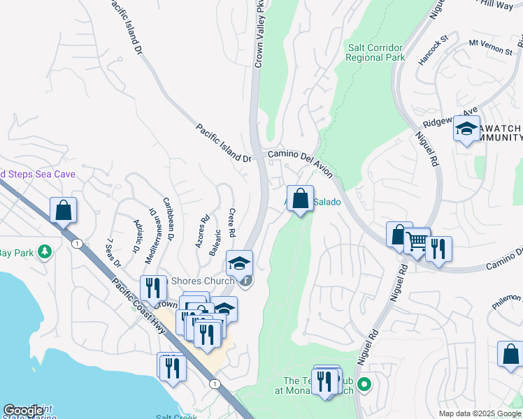 map of restaurants, bars, coffee shops, grocery stores, and more near Crown Valley Parkway in MONARCH BAY