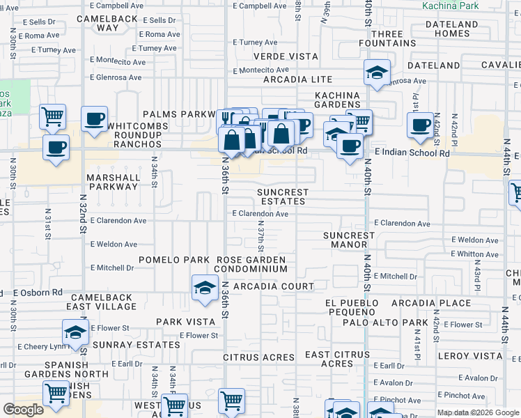 map of restaurants, bars, coffee shops, grocery stores, and more near 3710 East Clarendon Avenue in Phoenix