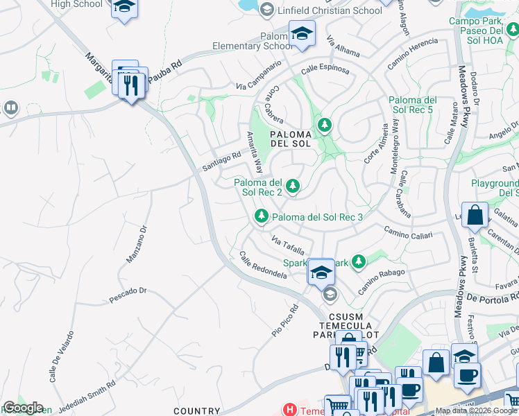 map of restaurants, bars, coffee shops, grocery stores, and more near 43485 Corte Barbaste in Temecula