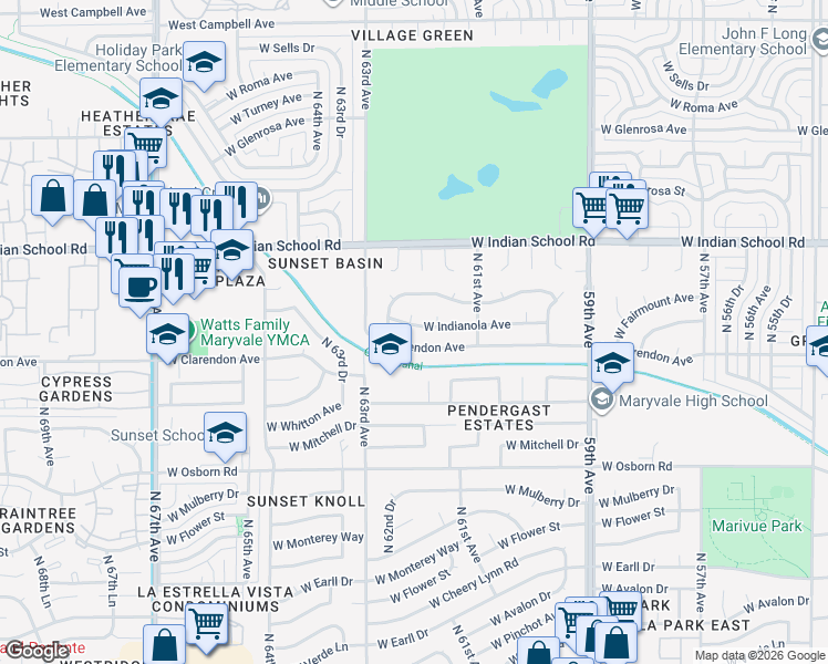 map of restaurants, bars, coffee shops, grocery stores, and more near 6230 West Clarendon Avenue in Phoenix