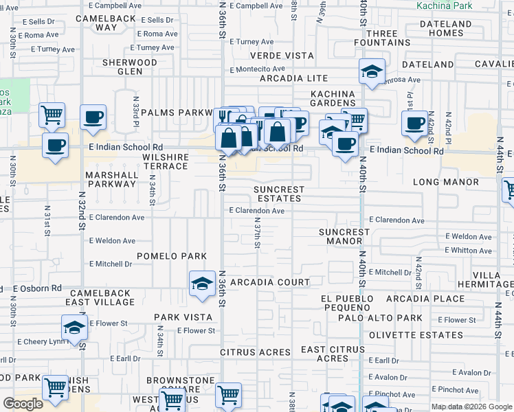map of restaurants, bars, coffee shops, grocery stores, and more near 3710 East Clarendon Avenue in Phoenix