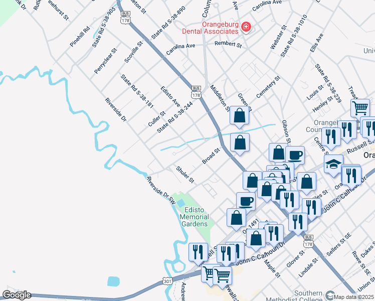 map of restaurants, bars, coffee shops, grocery stores, and more near 213 State Road S-38-1186 in Orangeburg