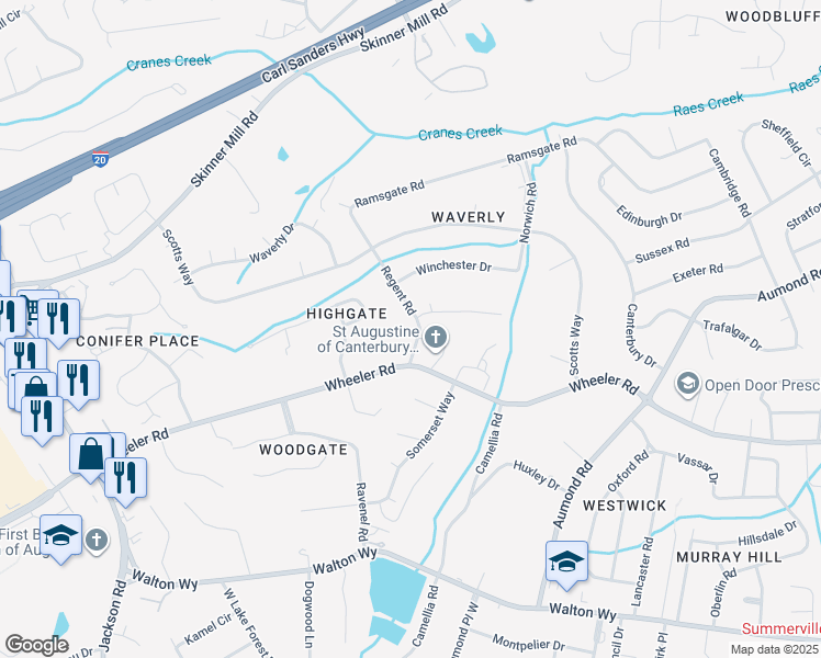 map of restaurants, bars, coffee shops, grocery stores, and more near 615 Regent Road in Augusta