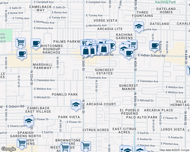map of restaurants, bars, coffee shops, grocery stores, and more near 3710 East Clarendon Avenue in Phoenix