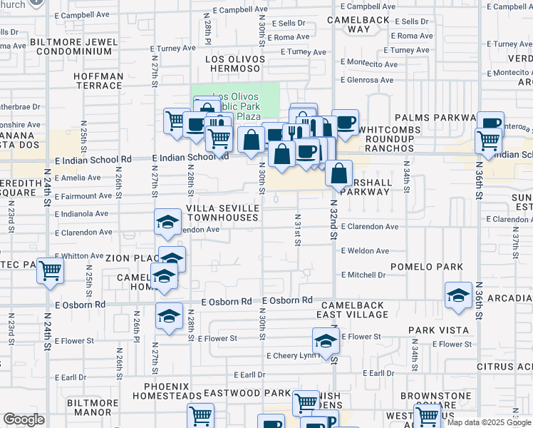 map of restaurants, bars, coffee shops, grocery stores, and more near 3807 North 30th Street in Phoenix