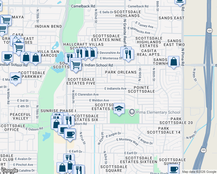 map of restaurants, bars, coffee shops, grocery stores, and more near 8238 East Indianola Avenue in Scottsdale