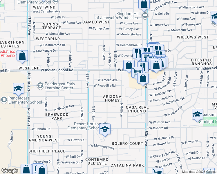 map of restaurants, bars, coffee shops, grocery stores, and more near 8527 West Piccadilly Road in Phoenix