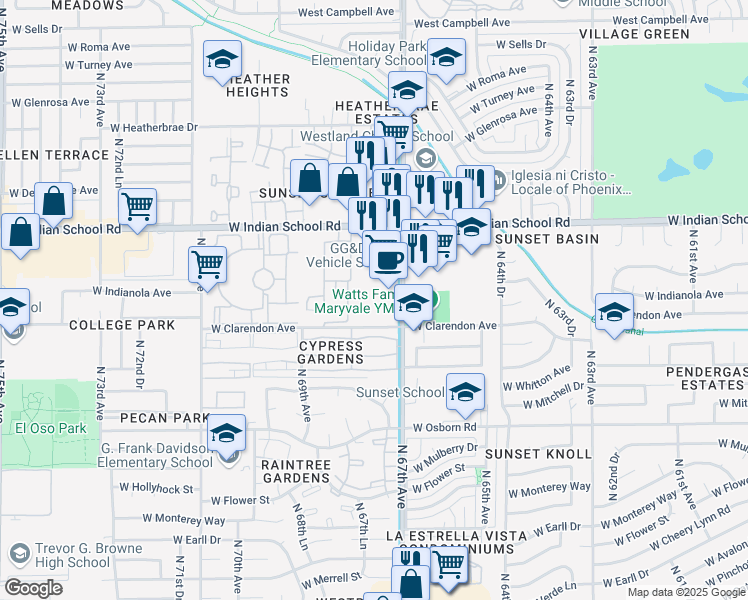 map of restaurants, bars, coffee shops, grocery stores, and more near 3830 North 67th Avenue in Phoenix